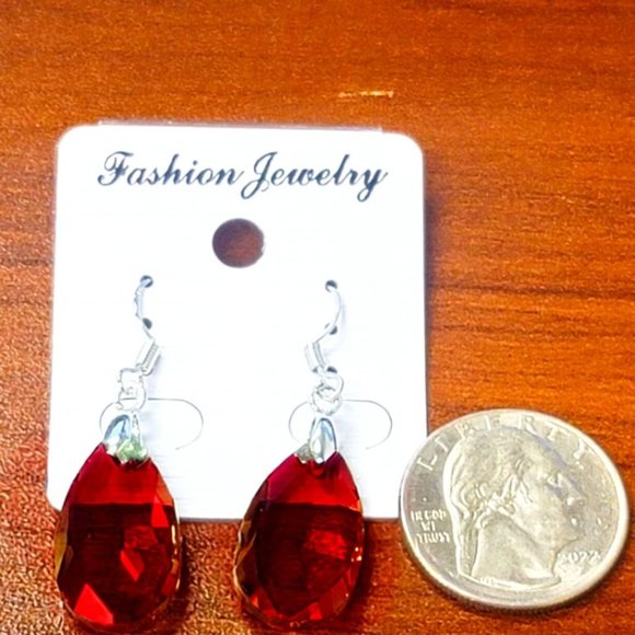 SOLD-Fashion Jewelry Dangle Drop Red and Silver Crystal Tear drop Earrings - Picture 2 of 3